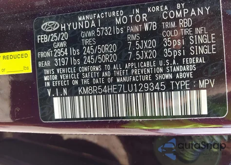 2020 Hyundai Palisade Limited из США, поврежденный, VIN KM8R54HE7LU129345